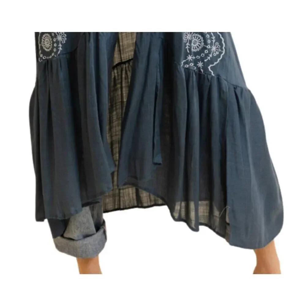 Boho Tribal Embroidered Kimono 1 Sz Lightweight Blue Grey Denim Style - Picture 4 of 5